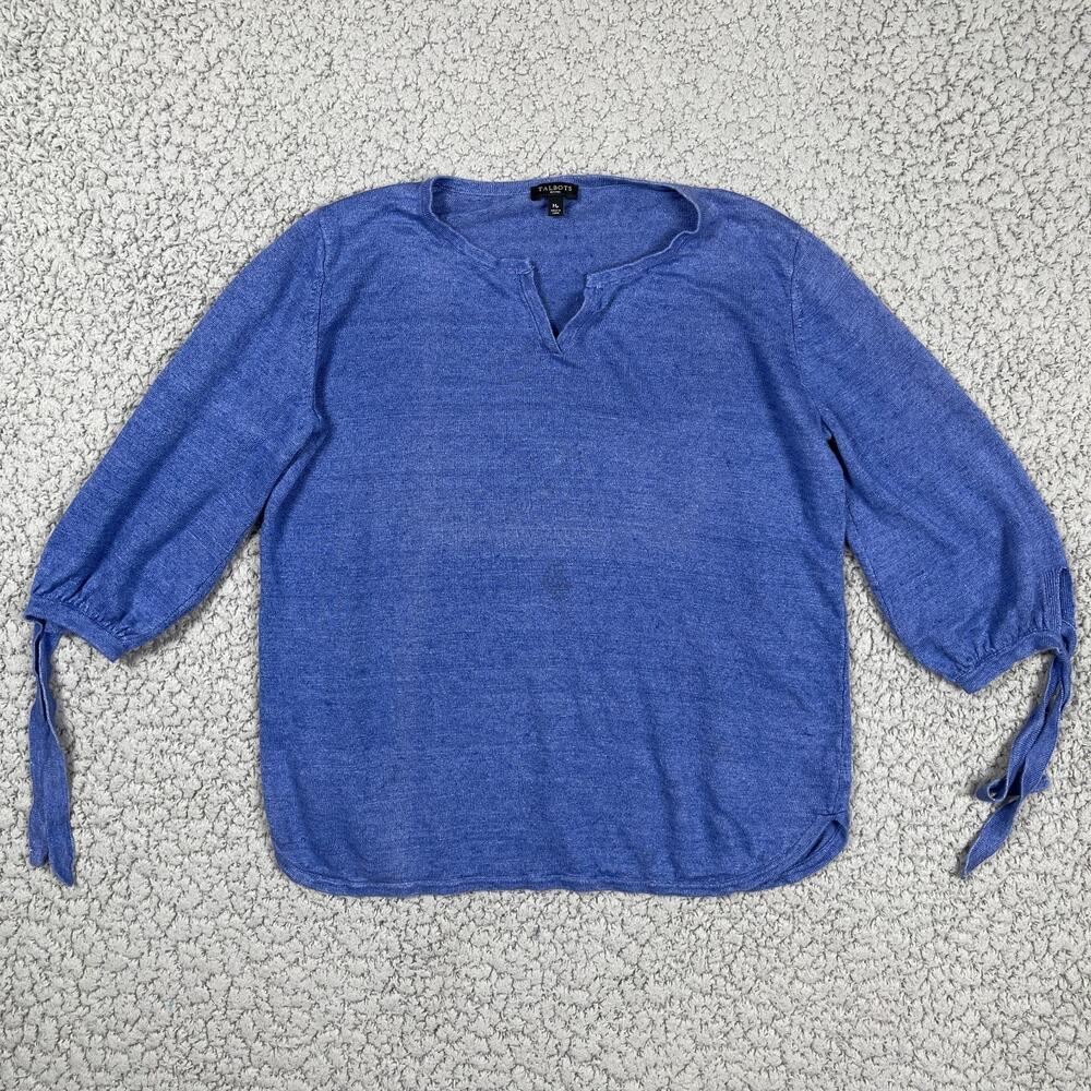 Talbots V-Neck Tie Sleeve Top Womens Petite Medium Blue Peasant Boho